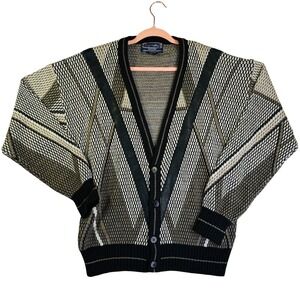 Vintage Barnaby Geometric Knit Cardigan Sweater Leather Trim Mens Large Dadcore